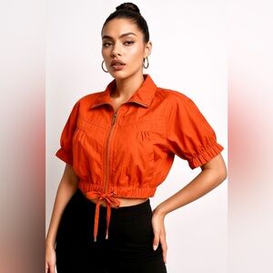 BLANC NOIR Short Sleeve Crop Jacket Top Zip Up Tie Waist Pockets Orange Size S